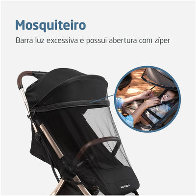 Carrinho de Bebê Maxi-Cosi Eva³ Essential Black Champagne - Mosquiteiro com zíper frontal